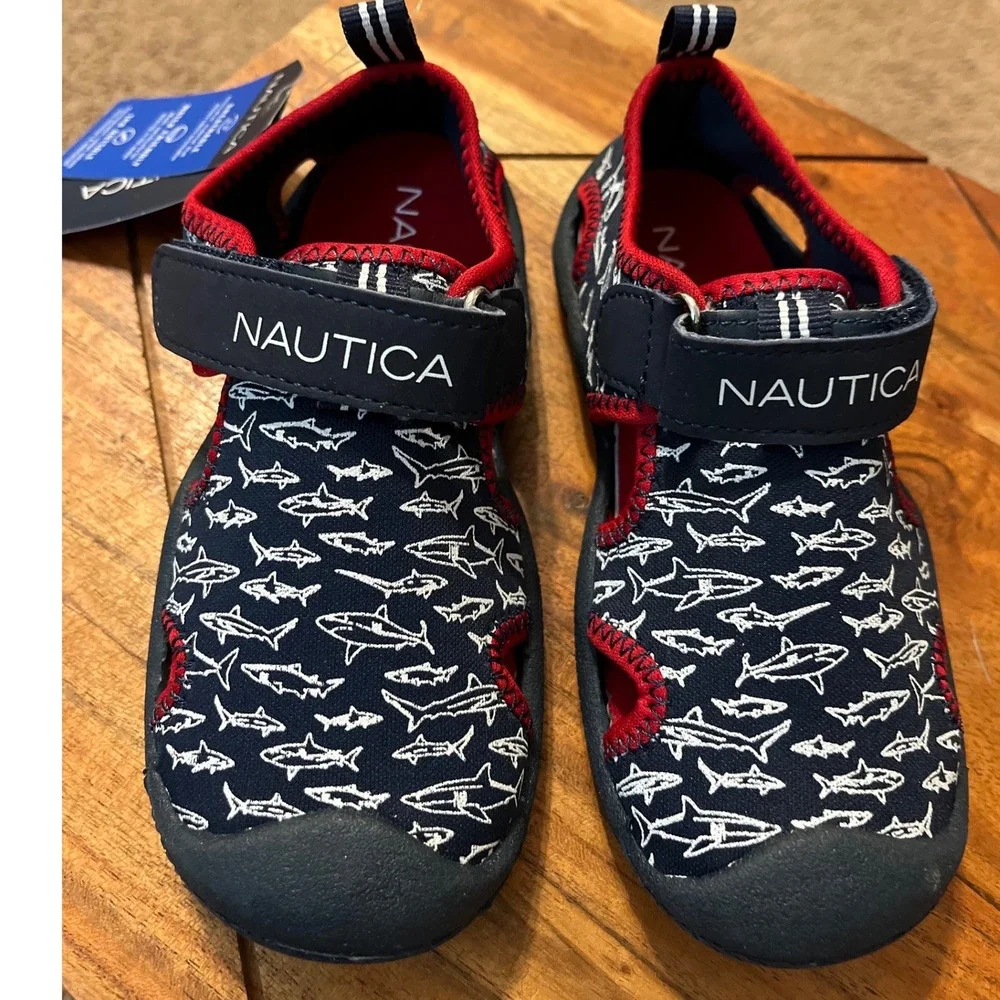 Nautica Kids Water Shoes Sandals Shark Print Navy Red Hook‎ Loop Size 9 NWT